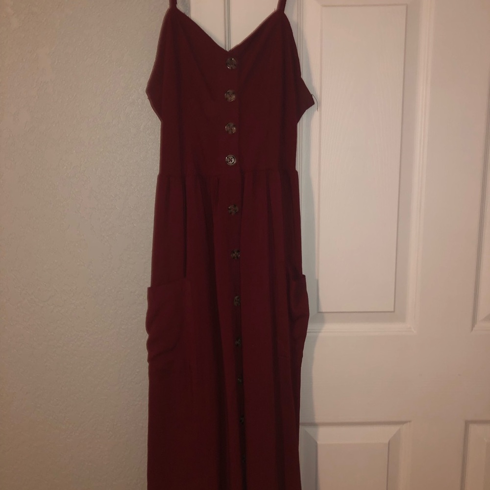Good Luck Gem, Medium, Button Up Pocket Dress, Red Colored